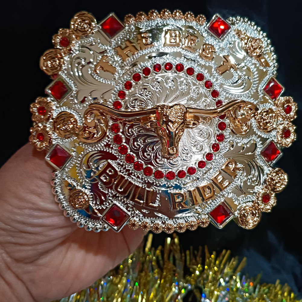 Western Bull Rider Longhorn Belt Buckle Gold Silver Red Rhinestone Floral 1.5"